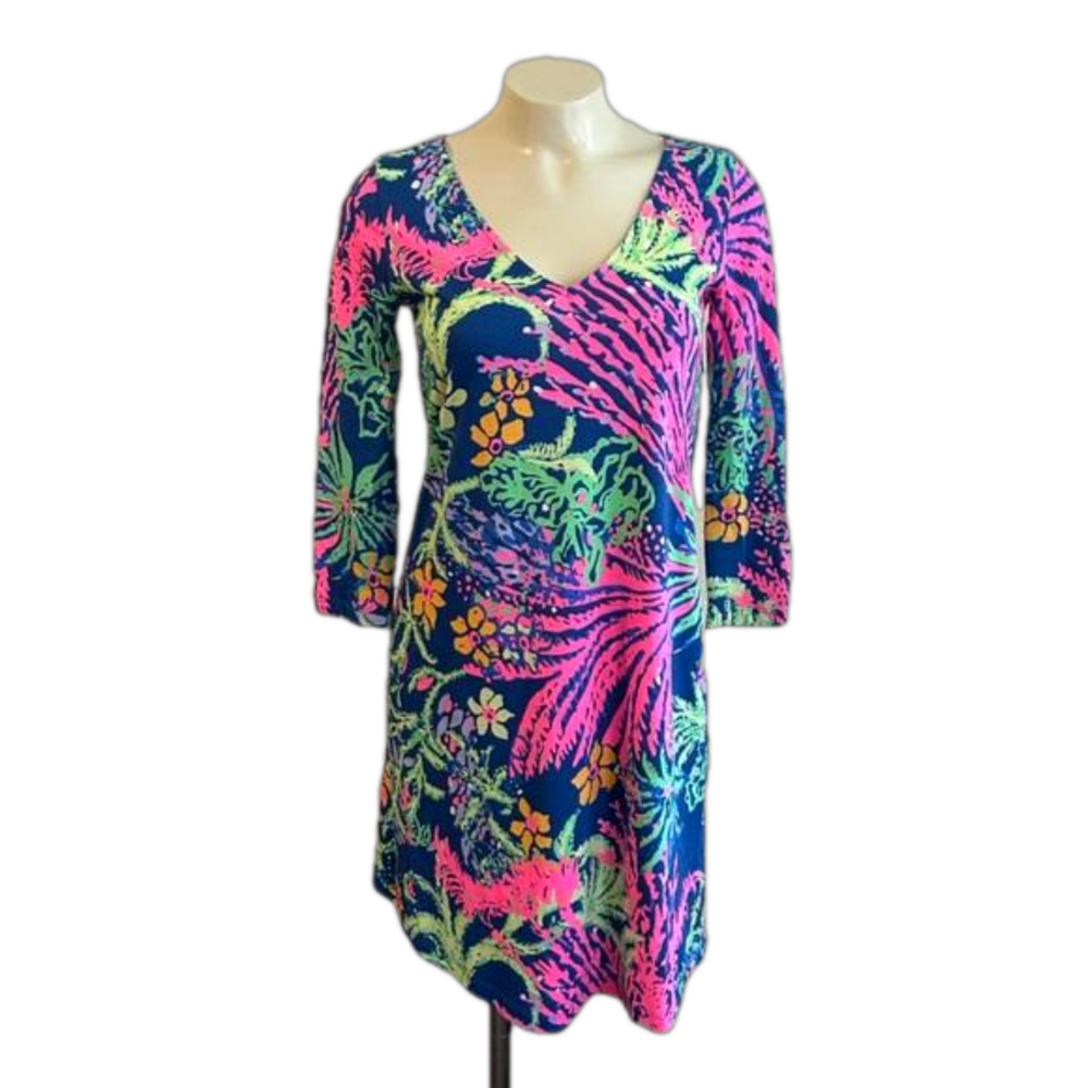 Lilly Pulitzer Indigo Erin Midi 100% Pima Cotton 3/4 sleeve V-neck dress XXS